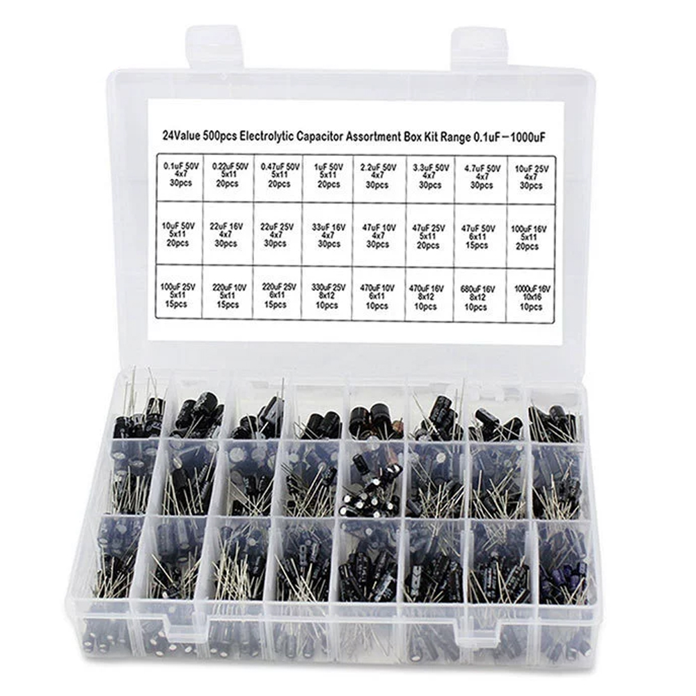 Capacitor Kit Assortment - 500Pcs Electrolytic Capacitor Assortment Kit 0.1uF-1000uF